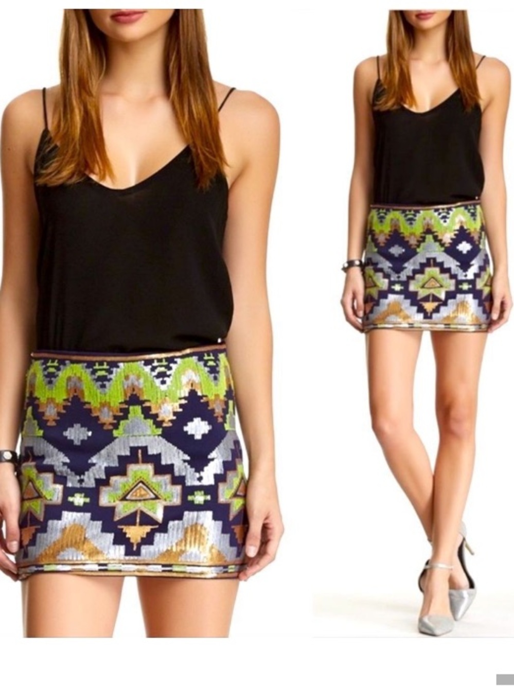 Fate Sequin Geo Mini Skirt - Black, Green & Gold